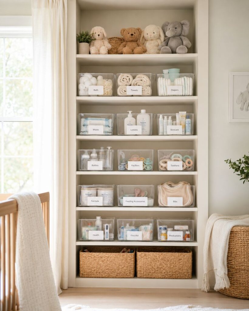 A neatly organized nursery shelf with stuffed animals, rolled towels, diapers, baby lotions, wipes, and clear storage bins labeled for various baby essentials, with baskets on the bottom and sunlight streaming in.