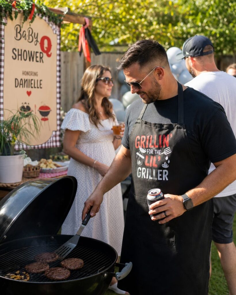 A man in sunglasses and a black apron grills burgers at an outdoor baby shower. Behind him, a woman in a white dress and another man stand near a sign that reads “Baby Q Shower Honoring Danielle.”.