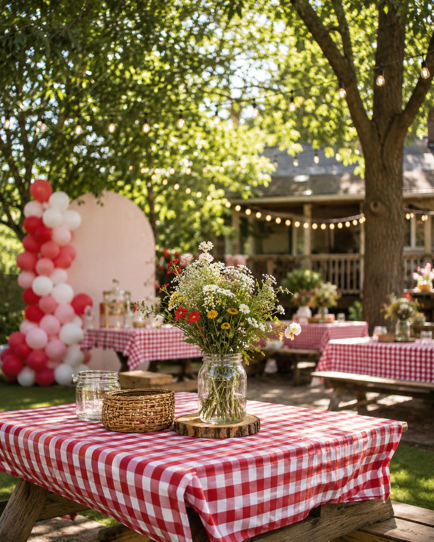 A picnic table with a red checkered tablecloth holds a jar of wildflowers and a small basket. More tables, balloons, and string lights decorate a sunny, green backyard.