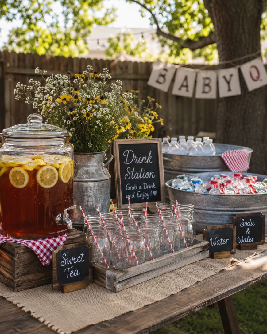 Outdoor drink station with sweet tea, water bottles, soda cans, glass jars with striped straws, and flowers on a rustic table. A BABY Q banner hangs in the background under a tree.