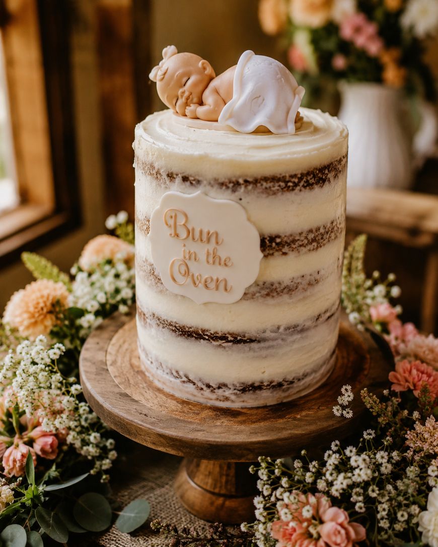 A semi-naked layer cake with white frosting sits on a wooden stand, topped with a baby figurine and a plaque reading Bun in the Oven, surrounded by arrangements of pink and white flowers.