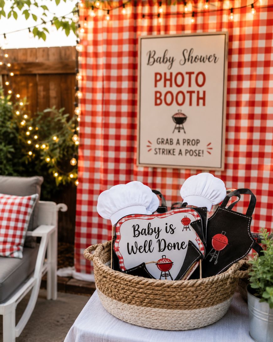 An outdoor baby shower photo booth decorated with red and white checkered fabric. A sign reads Baby Shower Photo Booth. Props, including aprons and chef hats, sit in a basket on a table. String lights add a cozy touch.