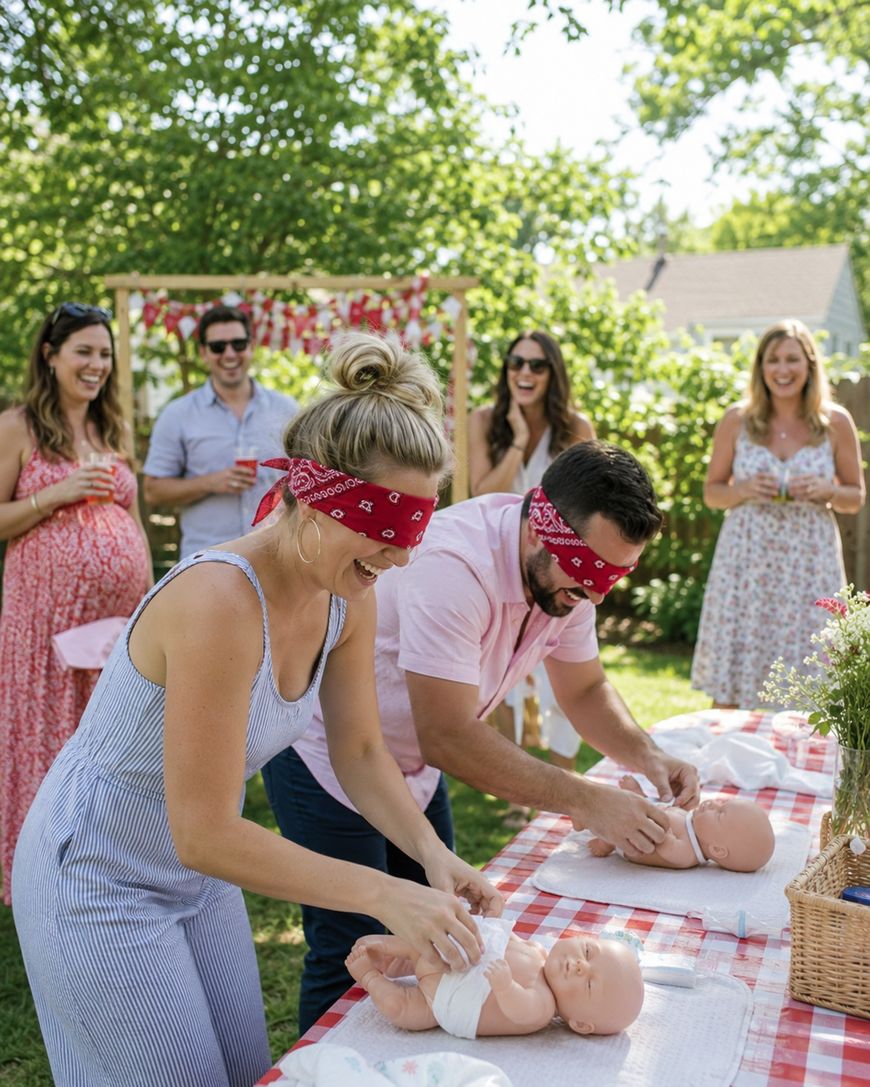 Two people wearing red blindfolds try to diaper baby dolls on a picnic table at an outdoor party, while others watch and laugh in the background. The scene is bright and festive with summer greenery.