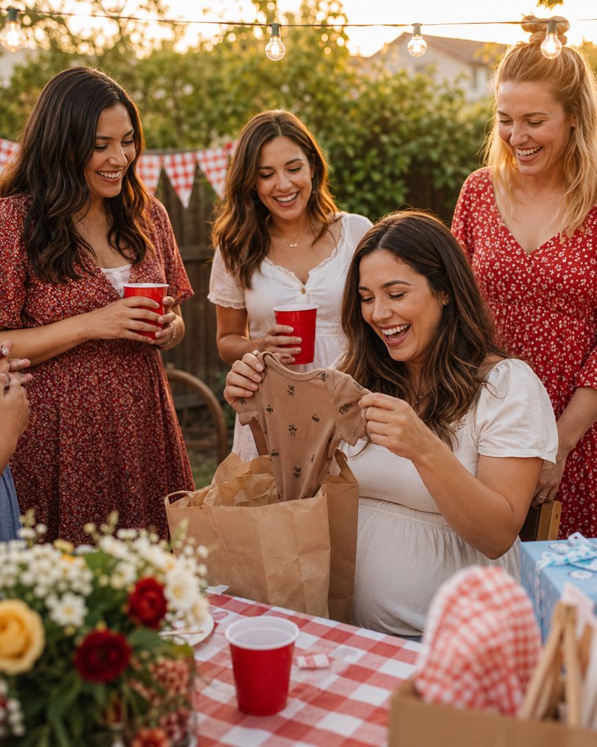 Four women smile and laugh as one opens a baby gift at an outdoor party with a checkered tablecloth, flowers, and string lights. They are dressed in casual, summery clothes and holding red cups.