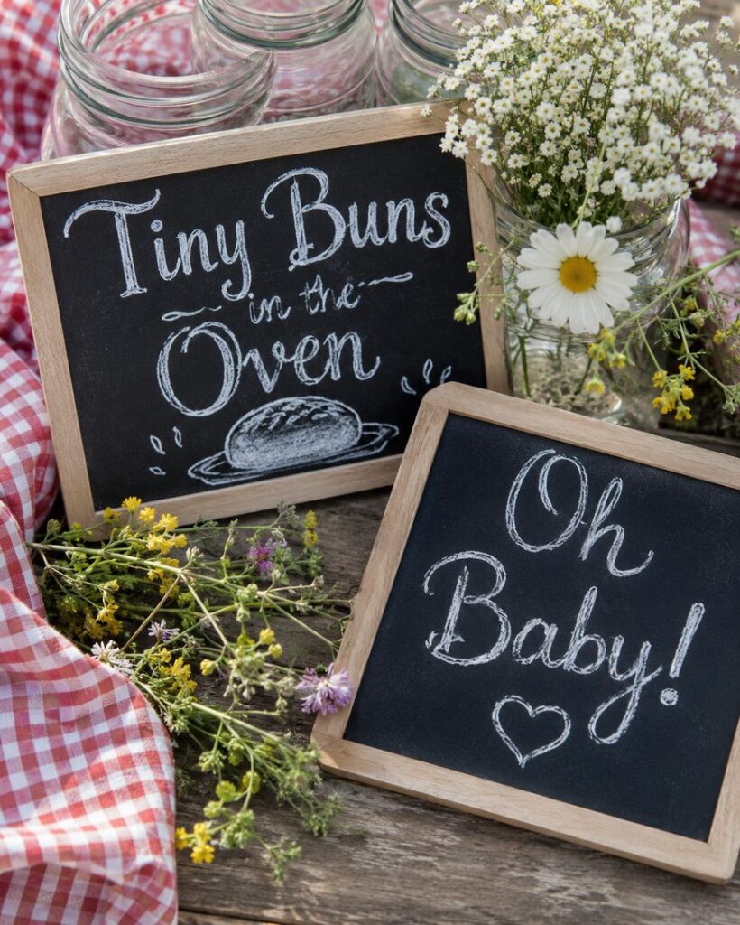 Two chalkboard signs read “Tiny Buns in the Oven” with a bun drawing, and “Oh Baby!” with a heart. Wildflowers and jars are nearby on a rustic wooden surface with a red checkered cloth.