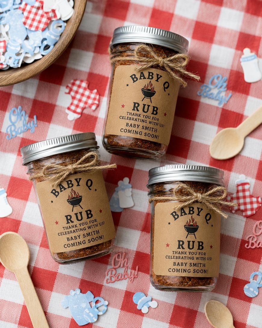Three jars labeled Baby Q Rub with twine around the lids are displayed on a red and white checkered tablecloth, surrounded by wooden spoons and blue, white, and red baby-themed confetti.