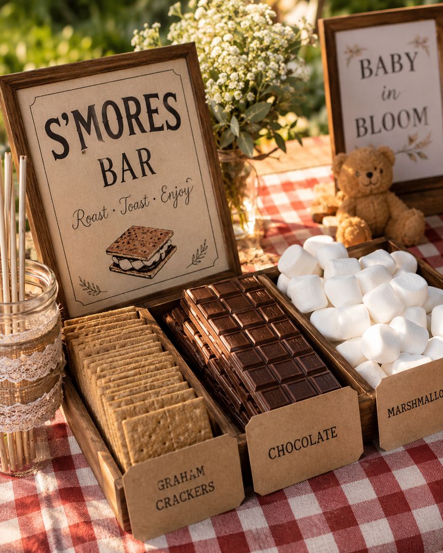 A smores bar setup on a checkered tablecloth with graham crackers, chocolate bars, and marshmallows in labeled trays. Signs read “S’mores Bar” and “Baby in Bloom.” A small teddy bear and flowers are in the background.