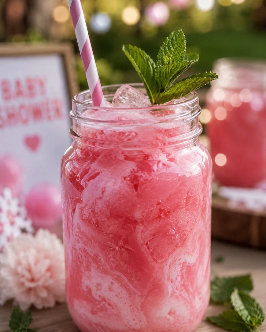 A pink, swirled iced drink in a mason jar with a striped straw and mint garnish sits on a table. In the background, a “Baby Shower” sign and pink decorations are visible.