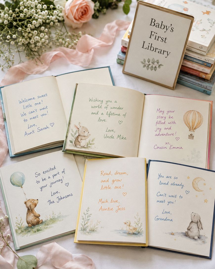 Six illustrated childrens books are open, each displaying a handwritten message for a new baby. Flowers, a stack of books, a pink ribbon, and a sign reading Babys First Library decorate the soft, welcoming scene.