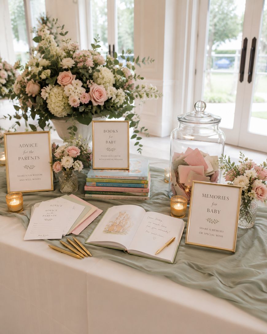 A baby shower table with guest books, pink and green envelopes in a glass jar, stacked children’s books, flower arrangements, candles, pens, and signs for advice and memories for the baby and parents.