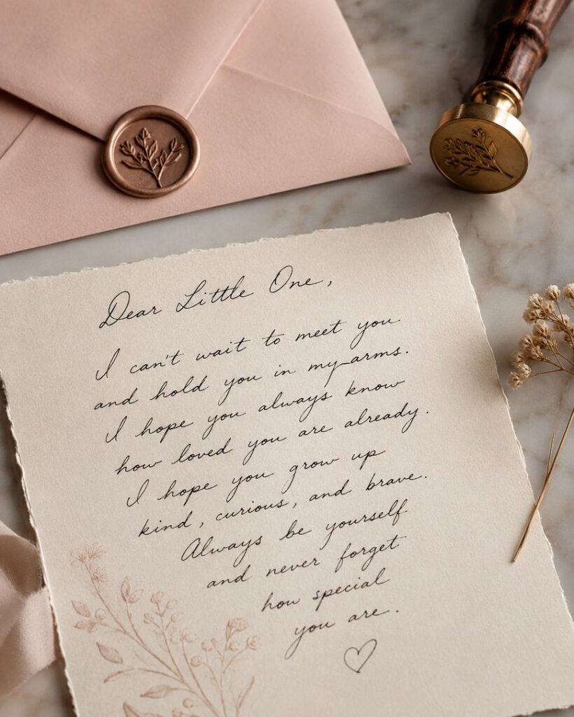 A handwritten letter on cream paper with floral illustrations sits on a marble surface next to a dried flower, a wax seal stamp, and a pink envelope sealed with a leaf-patterned wax seal.