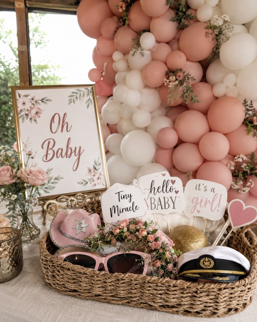 A basket with baby shower props, sunglasses, and a sailor hat sits on a table beside a Oh Baby sign. Behind it, white and pink balloons and small floral arrangements create a festive backdrop.