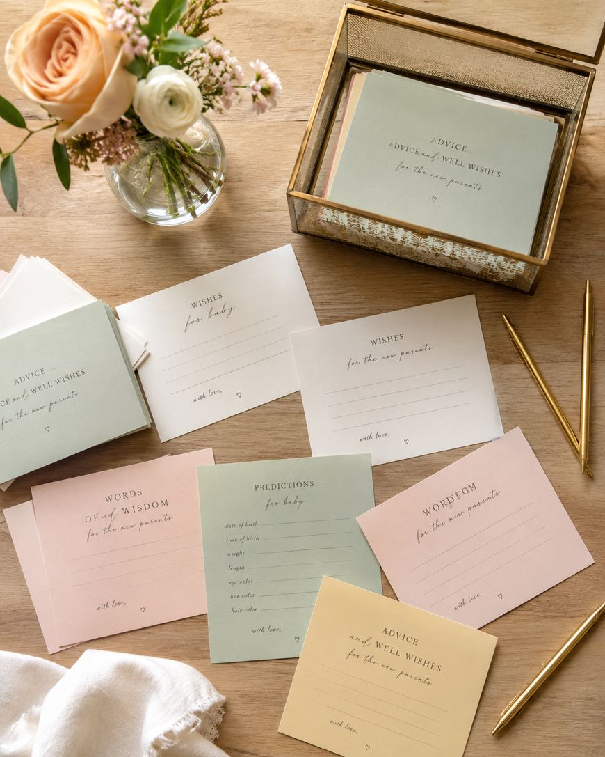 A tabletop with a bouquet of flowers, a glass box holding pastel-colored cards, and several cards spread out. The cards have prompts for advice, wishes, and predictions for new parents, alongside gold pens.