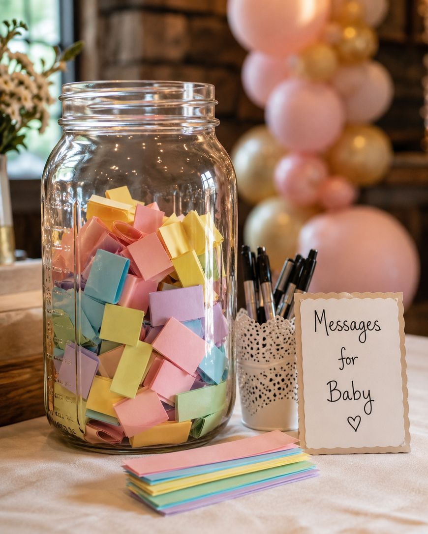 A large glass jar filled with colorful folded notes sits on a table next to pens, pastel note cards, and a sign that reads Messages for Baby with a heart, with pink and gold balloons in the background.