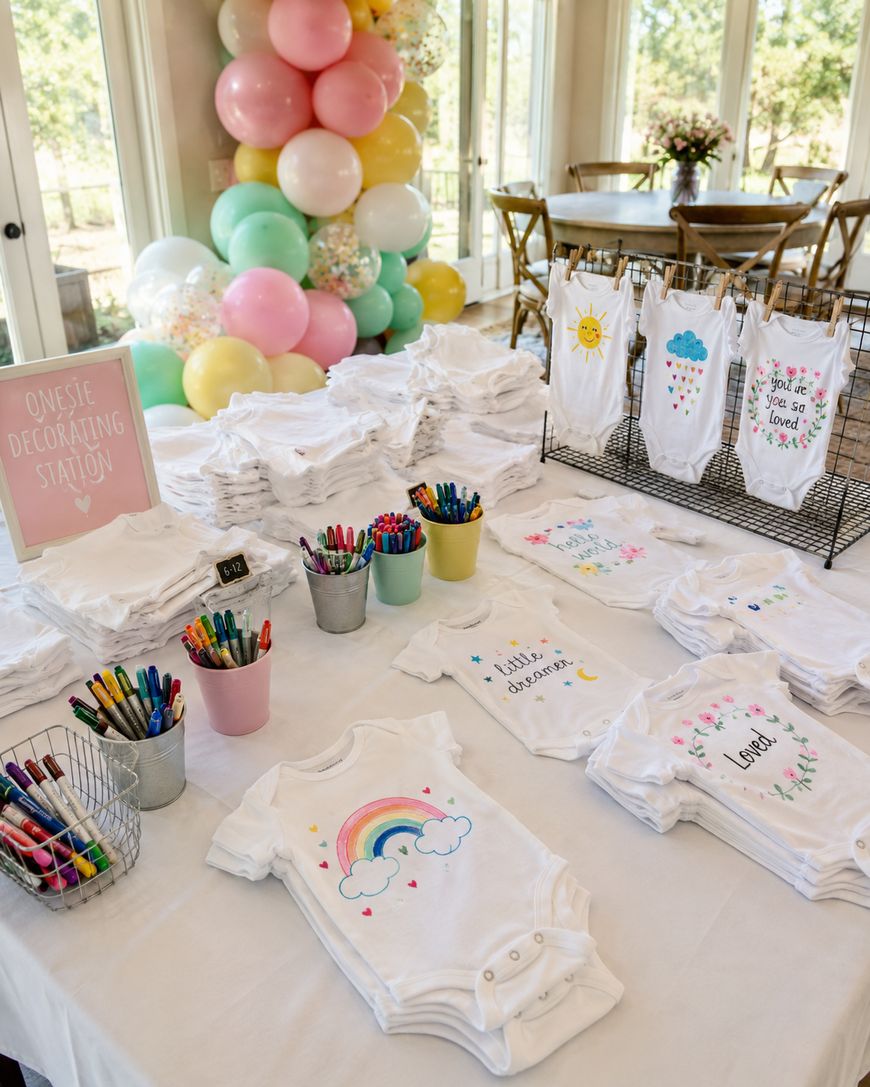 A table set up for a baby shower onesie decorating station, featuring plain and decorated onesies, colorful markers in buckets, and pastel balloon decorations in the background.