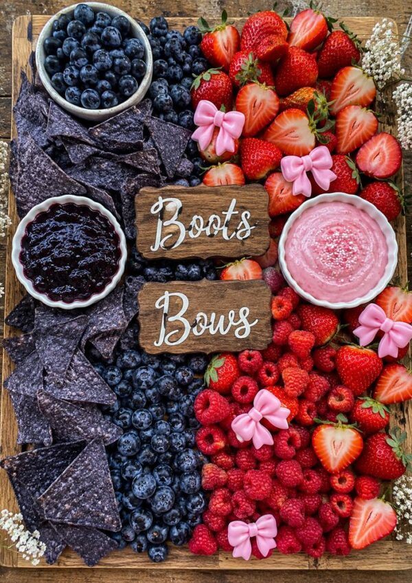 A wooden tray displays blueberries, strawberries, raspberries, blue corn chips, a bowl of jam, a pink dip, and pink ribbon bows—perfect for a boots or bows gender reveal. Two wooden signs read “Boots” and “Bows,” separated by blue and red fruits.