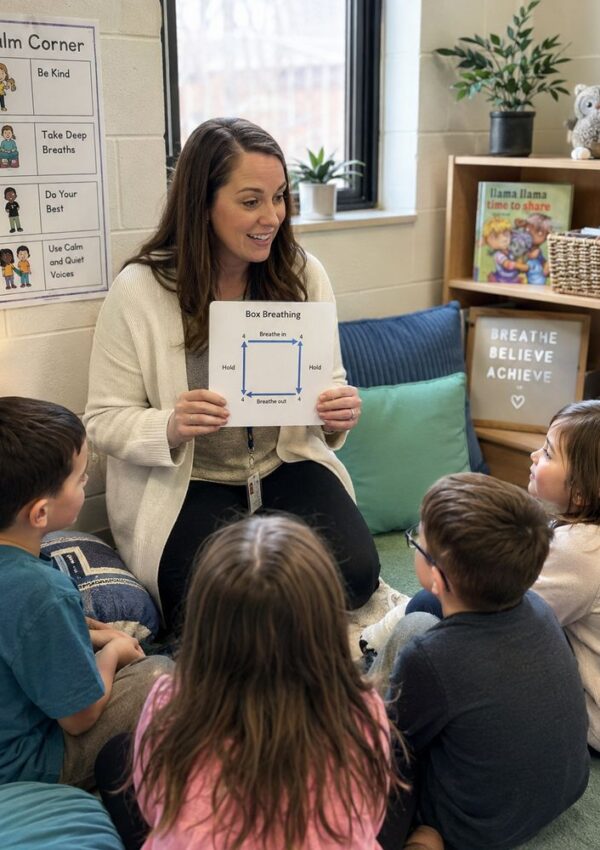 A teacher sits with four kids in a cozy classroom, holding a Box Breathing chart. Behind her are books, plants, and a Calm Corner poster with calming strategies, creating an inviting space for children.