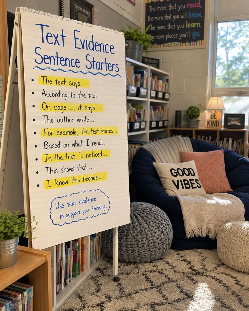 A cozy classroom reading corner with bookshelves, a bean bag chair, a GOOD VIBES pillow, and a large poster listing text evidence sentence starters on an easel. Sunlight streams through a window.