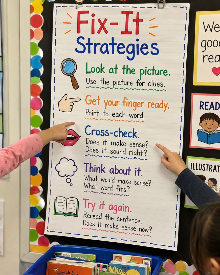 A classroom poster titled Fix-It Strategies lists reading tips with icons: look at the picture, get your finger ready, cross-check, think about it, and try it again. Two children point to different tips on the chart.