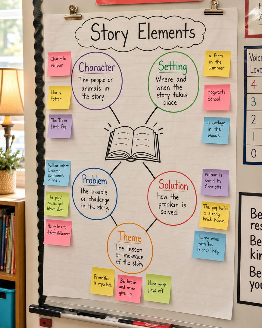 A classroom chart titled Story Elements shows five elements—Character, Setting, Problem, Solution, and Theme—each in a colored circle with brief definitions and sticky note examples next to each. An open book is drawn in the center.