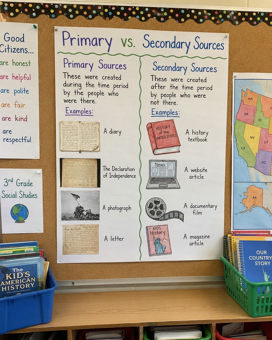 A classroom bulletin board compares primary and secondary sources with examples and pictures. The display includes books on a lower shelf and a partial U.S. map to the right.