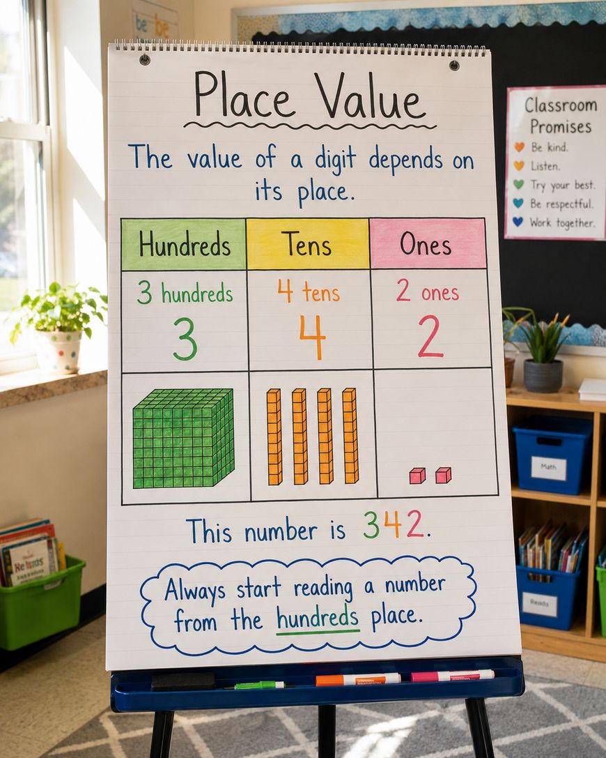 An educational chart in a classroom explains place value with columns for hundreds, tens, and ones, and uses the number 342 with visual blocks to illustrate each place. The chart includes handwritten notes and colorful boxes.