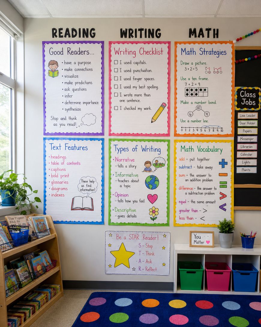 A colorful classroom wall displays six educational posters on reading, writing, and math, with tips and checklists. Below the posters are bookshelves with baskets of books and a round, polka-dot rug on the floor.