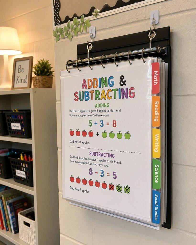 A classroom flip chart hangs on the wall, showing a colorful page titled Adding & Subtracting with illustrated apples, math problems, and answer examples. Subject tabs include Math, Reading, Writing, Science, and Social Studies.