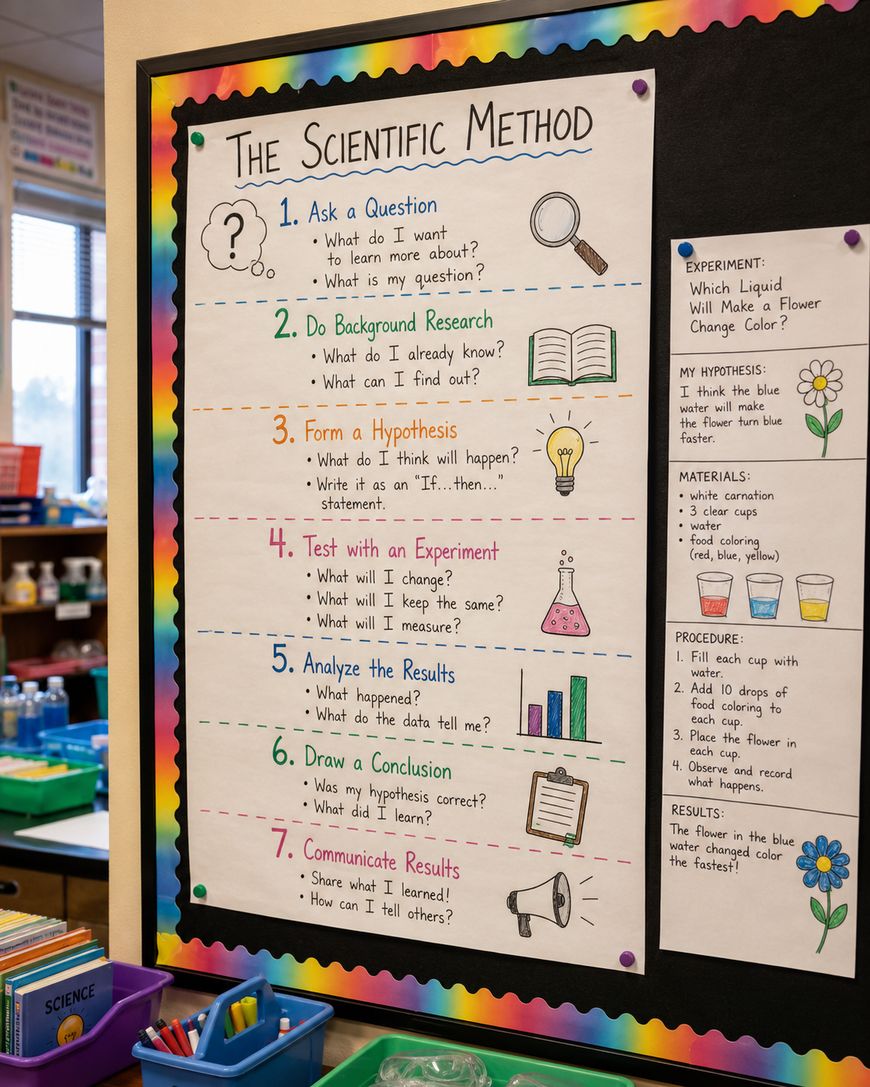 A colorful classroom poster outlines the seven steps of the scientific method with numbered sections, brief descriptions, and small related illustrations for each step. Classroom supplies and science equipment are visible in the background.