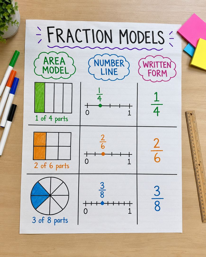 A chart titled Fraction Models shows three fractions represented as area models, number lines, and written forms: 1/4, 2/6, and 3/8, with colorful boxes and markers on a wooden desk.