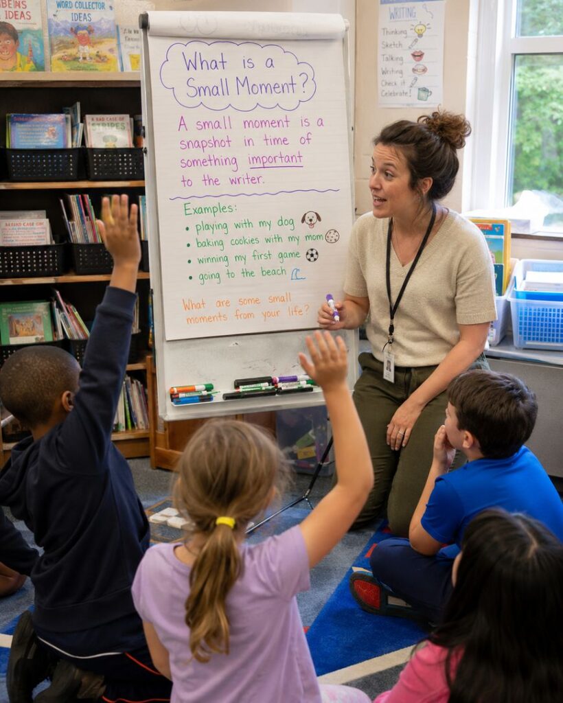 A teacher sits on the floor with four young students, two with raised hands, in a classroom. Behind her is an easel with a chart titled “What is a Small Moment?” and examples written in colorful markers.