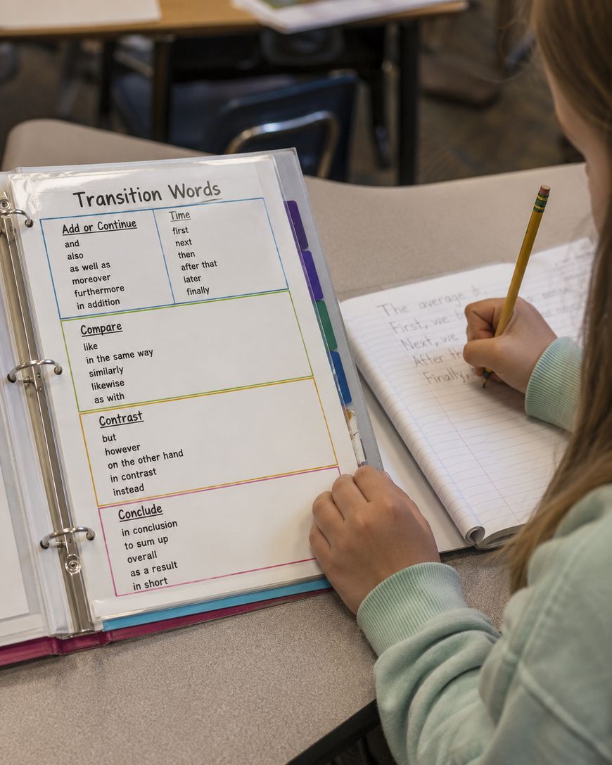 A student writes in a notebook at a desk. Next to them is an open binder with a page listing transition words for adding, comparing, contrasting, and concluding ideas, organized in colorful boxes.