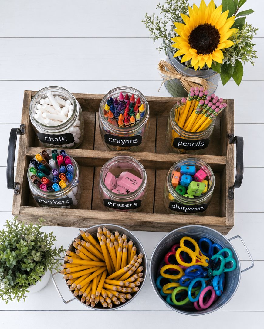 A wooden tray holds jars labeled chalk, crayons, pencils, markers, erasers, and sharpeners on a white table. Buckets of pencils and colorful scissors, plus two small potted plants and a sunflower arrangement, surround the tray.