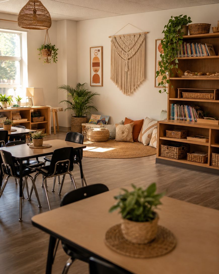 A warm, sunlit classroom with wooden tables and black chairs, potted plants on each table, bookshelves filled with books and baskets, and a cozy reading nook with cushions, rugs, and wall art.