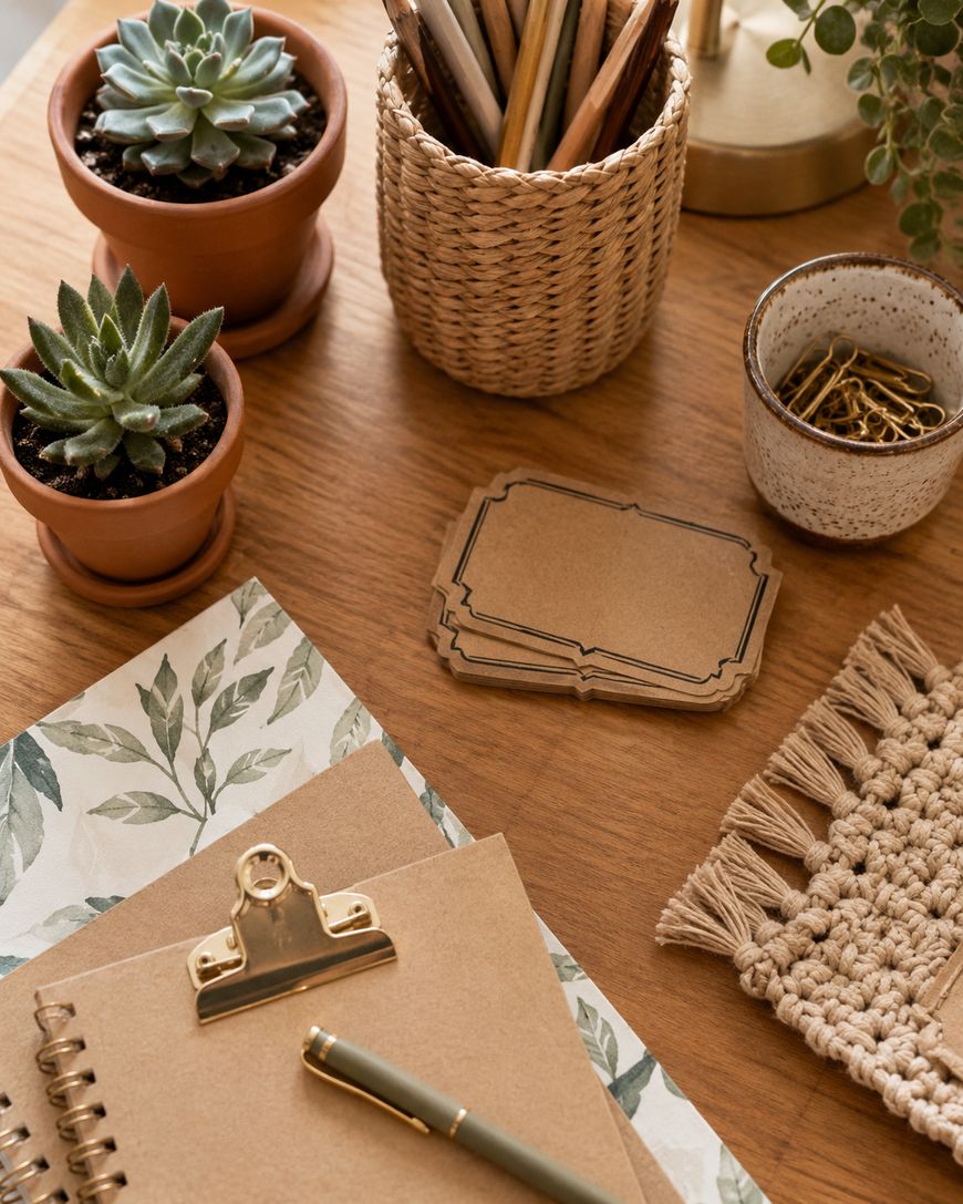 A wooden desk with potted succulents, a woven cup of pencils, paper clips in a bowl, blank brown labels, a leafy notebook with a gold clip, a pen, and a beige woven coaster.