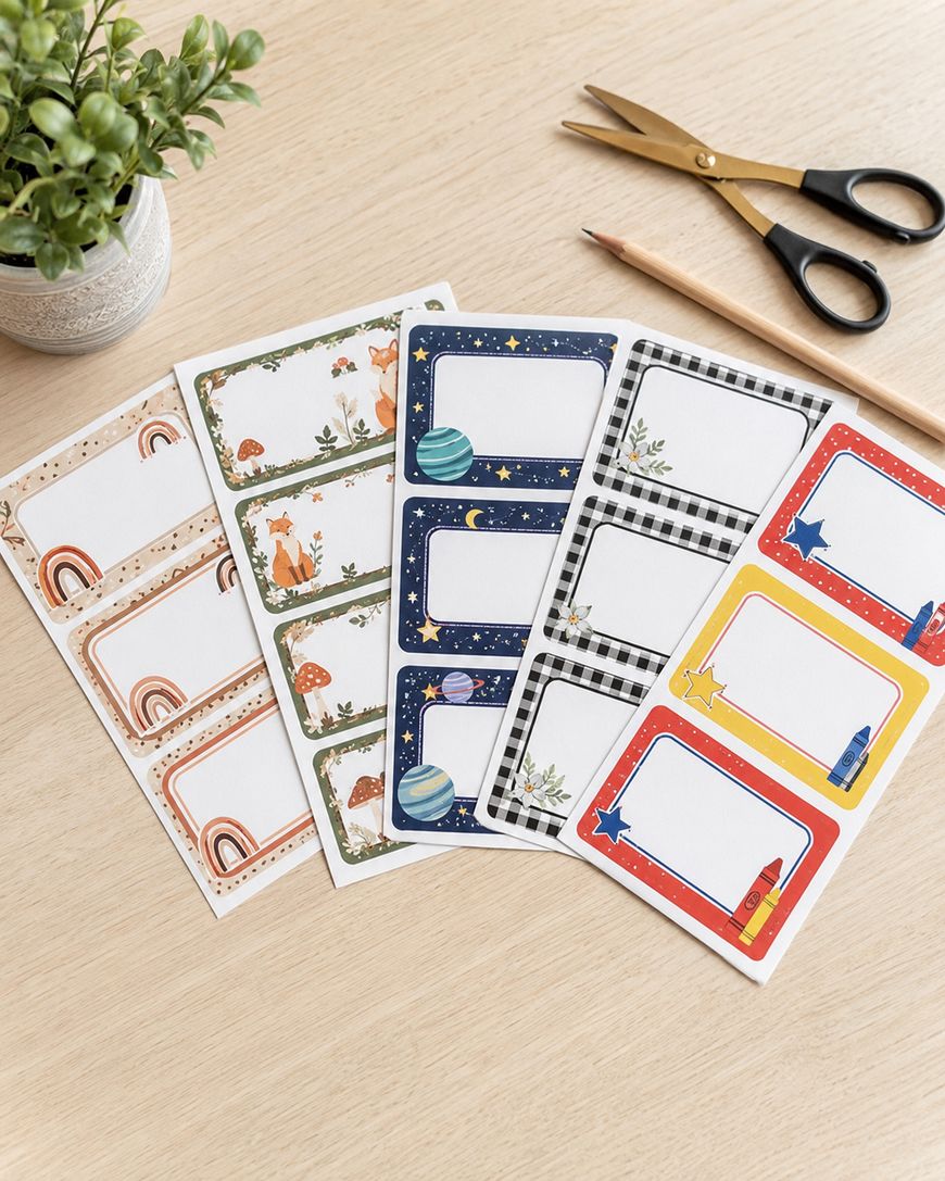 Four sheets of decorative labels with various designs—rainbows, forest animals, planets, plaid, and rockets—are arranged on a light wooden desk next to a plant, pencils, and scissors.