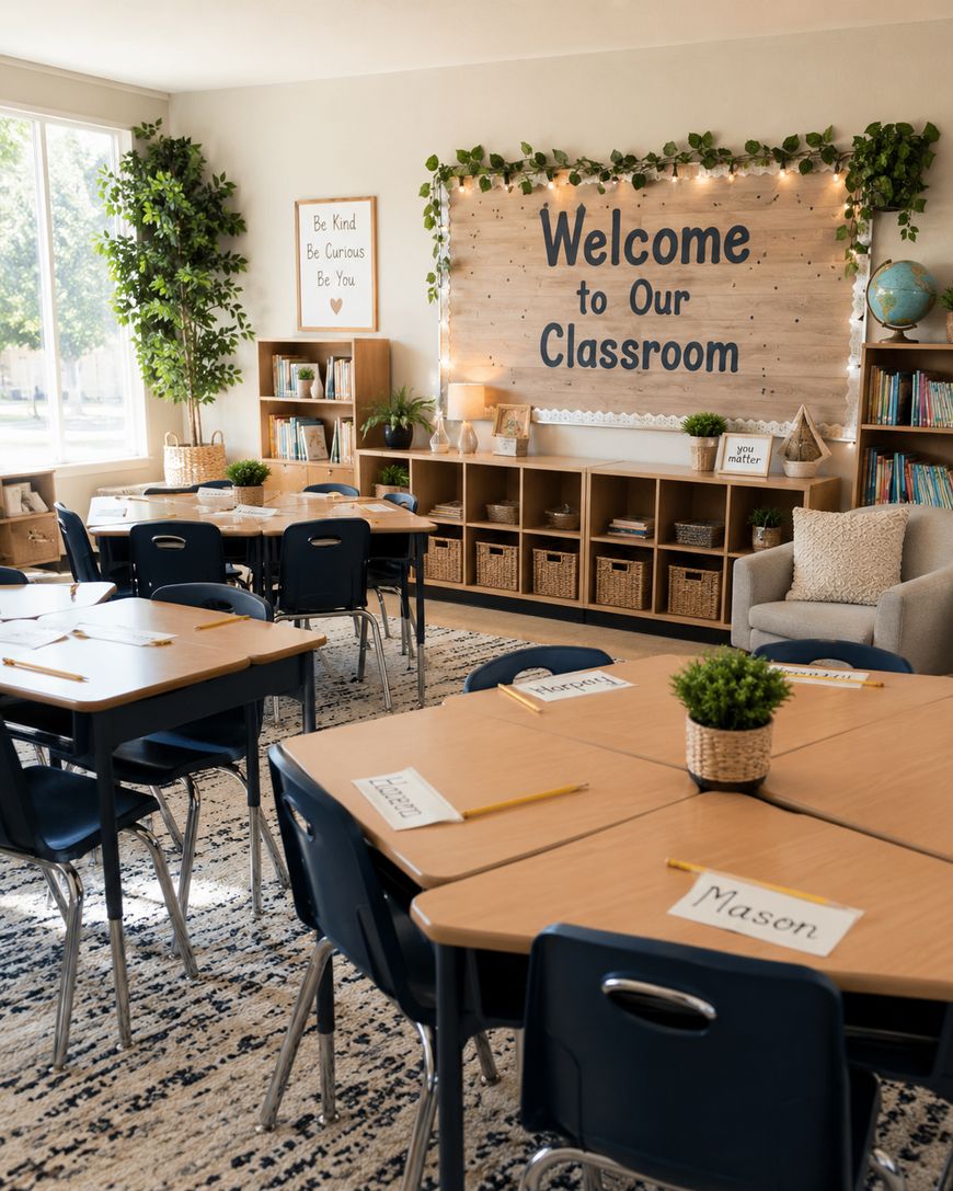 A bright, welcoming classroom with desks arranged in groups, each with name cards and pencils. A sign reads Welcome to Our Classroom above shelves with baskets, books, plants, and decorations.