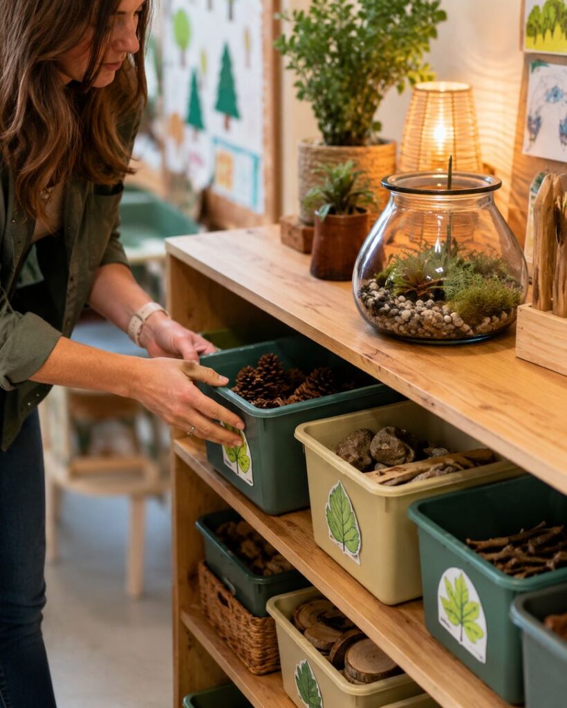 A woman arranges bins filled with natural materials like pinecones, sticks, and wood slices on a wooden shelf in a classroom decorated with plants and nature-themed art.