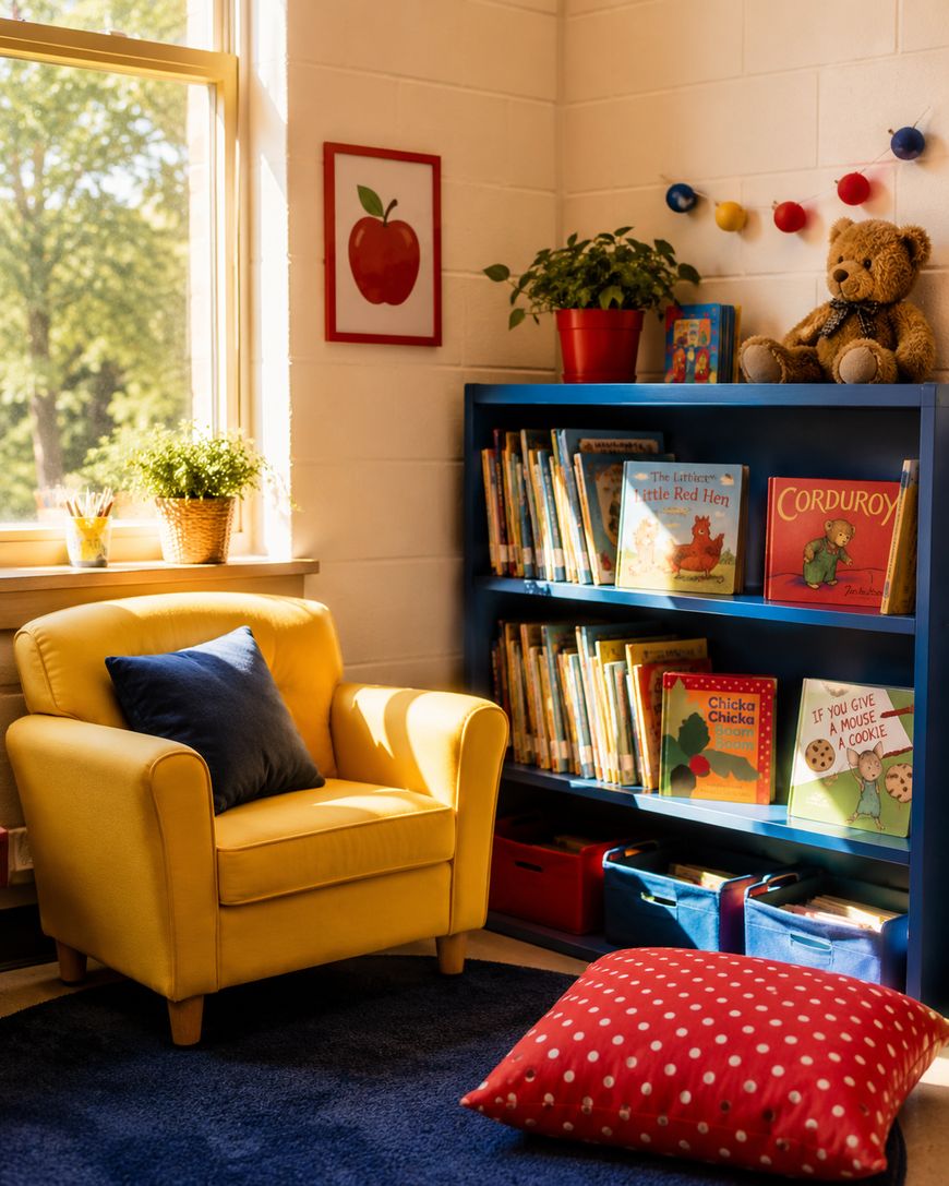 A cozy reading nook with a yellow armchair, blue bookshelf filled with children’s books, a teddy bear, a red polka dot floor cushion, and sunlight streaming through a window with a potted plant on the ledge.