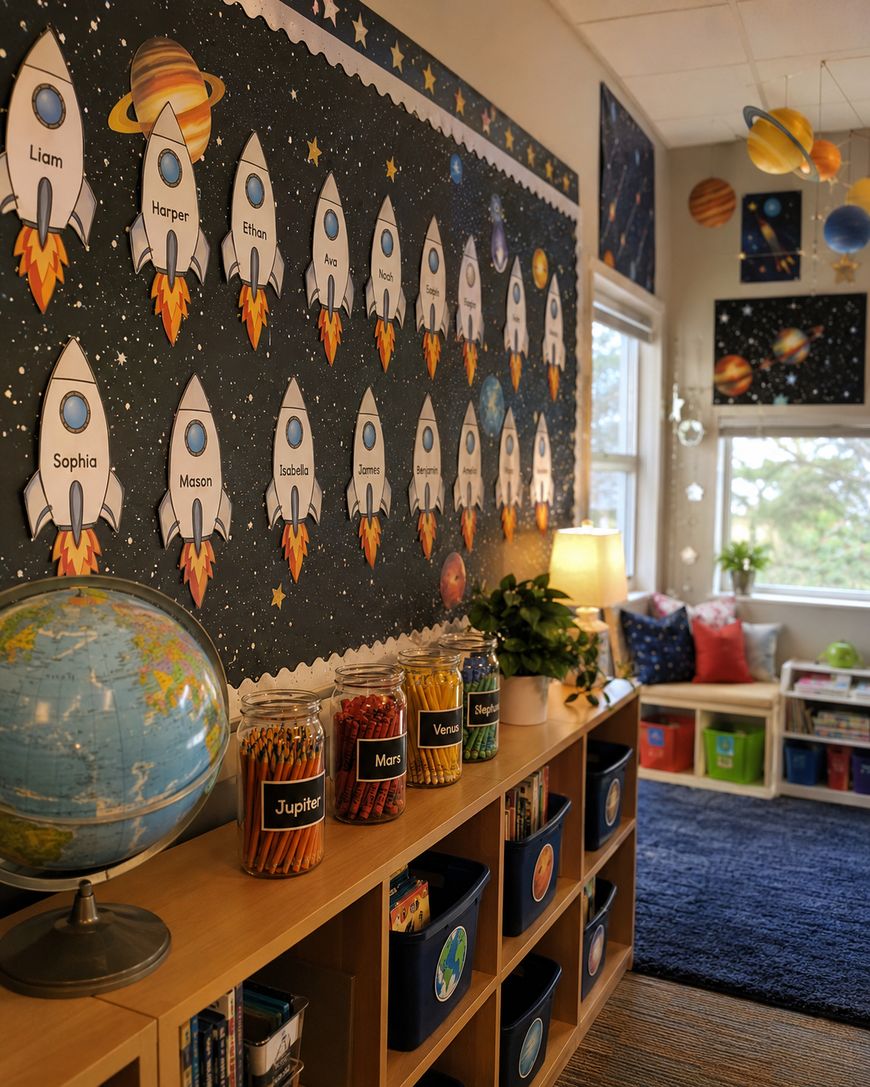 A classroom decorated with a space theme features rocket cutouts with student names on a wall, hanging planet models, a globe, jars labeled with planet names holding colored pencils, and cozy seating by large windows.