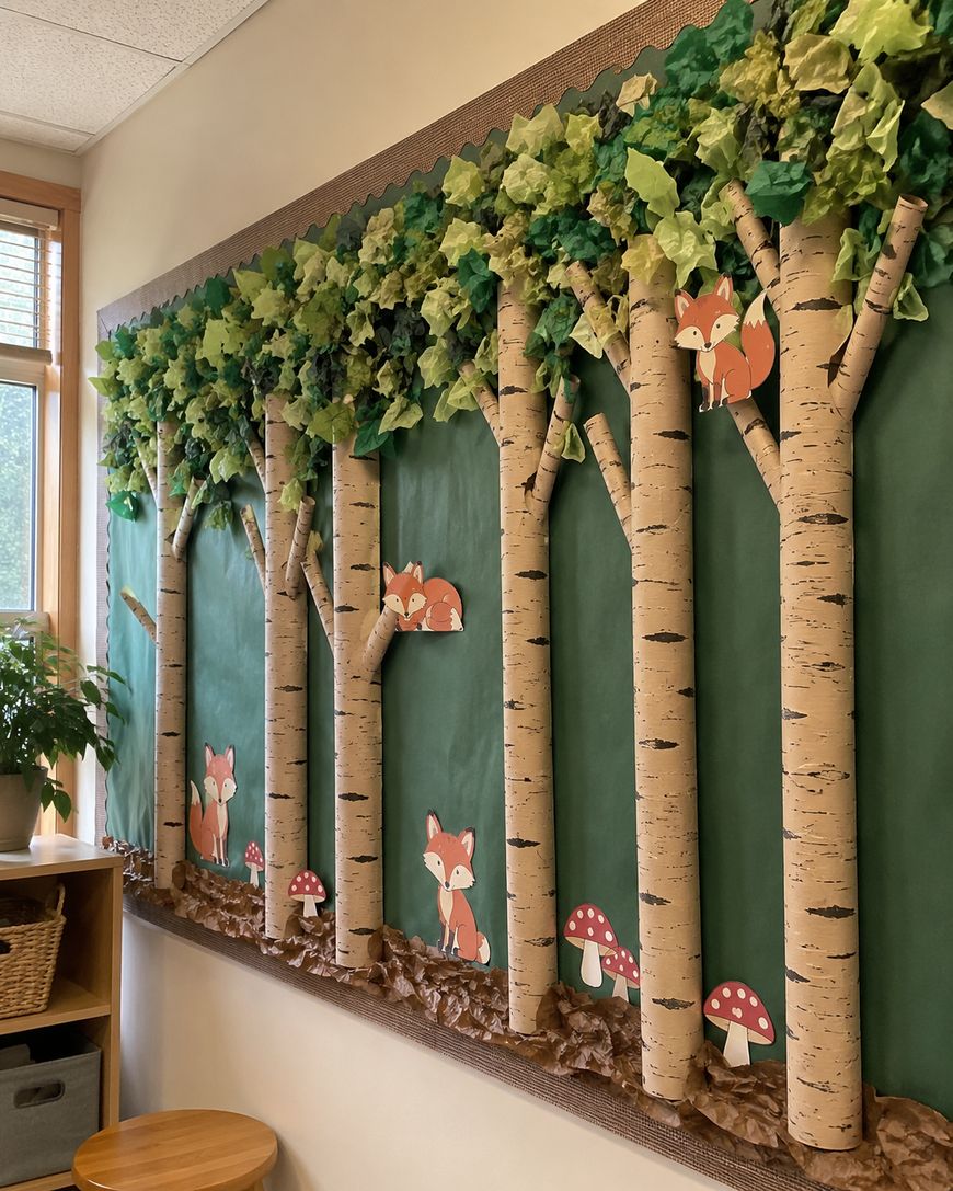 A classroom bulletin board decorated as a forest with paper trees, leafy branches, cartoon foxes, and mushrooms. Sunlight streams in through a window, and a potted plant sits on a nearby shelf.