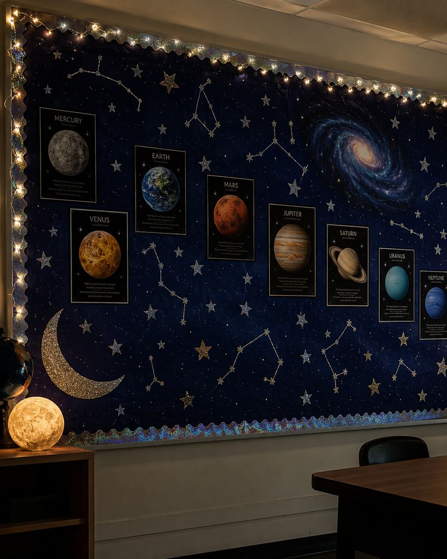 A classroom bulletin board decorated with a starry night sky, constellations, a spiral galaxy, and labeled posters of the solar system planets. There are string lights, a crescent moon, and two illuminated globes on a desk.