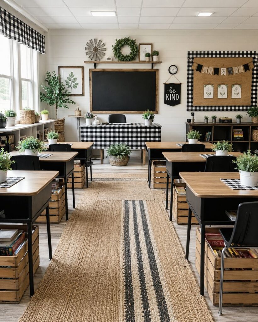 A tidy classroom with wooden desks in rows, black chairs, crate storage, plants, a large blackboard, and decor with black-and-white checkered patterns; a “Be Kind” sign hangs near the teacher’s desk.
