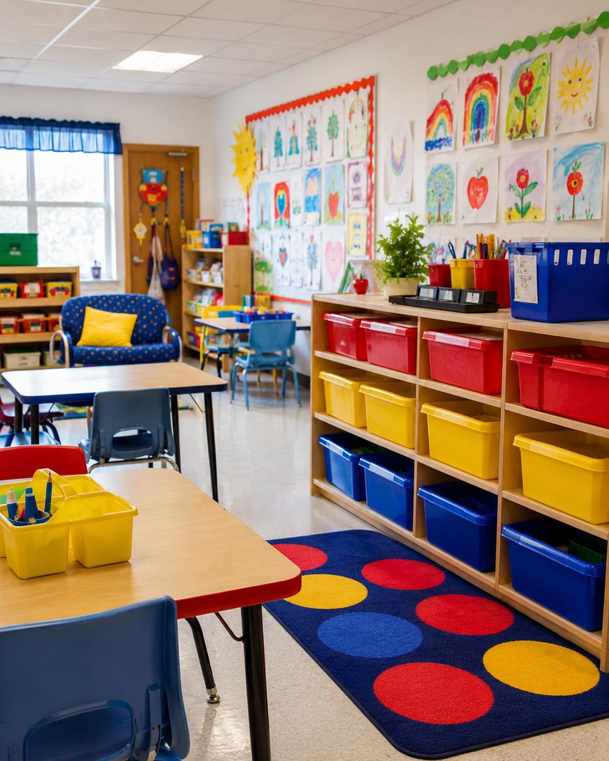 A colorful classroom with tables, blue chairs, shelves with red, yellow, and blue bins, a blue and red polka-dotted rug, and childrens artwork displayed on the walls.
