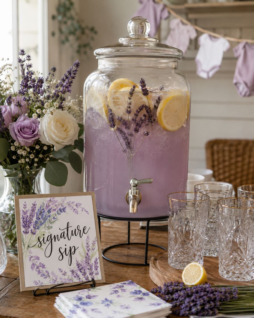 A glass drink dispenser filled with lavender lemonade, garnished with lemon slices and lavender sprigs, sits on a table beside crystal glasses, purple and white flowers, and a sign reading signature sip.