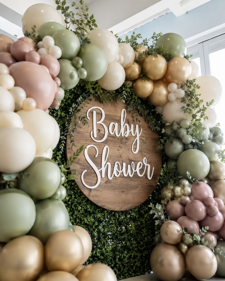 A decorative Baby Shower sign on a wooden circle is surrounded by lush green foliage and clusters of pastel balloons in gold, green, cream, and pink.