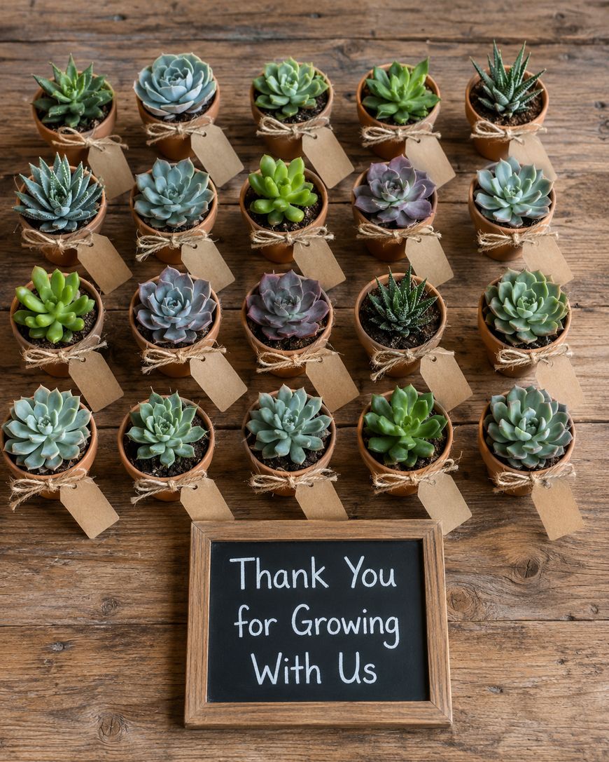 Rows of small potted succulents with blank brown gift tags sit on a wooden surface. In front is a chalkboard sign that reads, Thank You for Growing With Us.