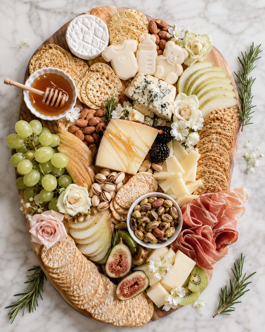 A charcuterie board with assorted cheeses, crackers, green grapes, apple slices, figs, prosciutto, nuts, honey, and small cookies shaped like baby items, garnished with rosemary and white flowers on a marble background.