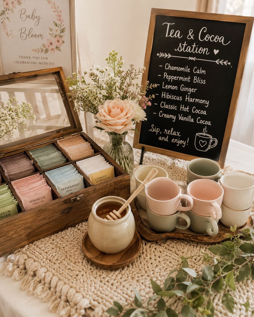 A tea and cocoa station with assorted tea bags in a wooden box, pastel mugs, a honey pot with a dipper, a vase with flowers, and a chalkboard menu beside a “Baby Bloom” sign, all arranged on a crocheted tablecloth.
