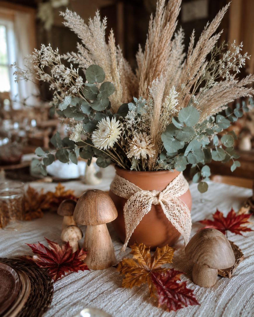 A terracotta vase with a lace ribbon holds dried grasses, eucalyptus, and flowers. Wooden mushrooms and autumn leaves decorate the table, creating a rustic, cozy centerpiece.